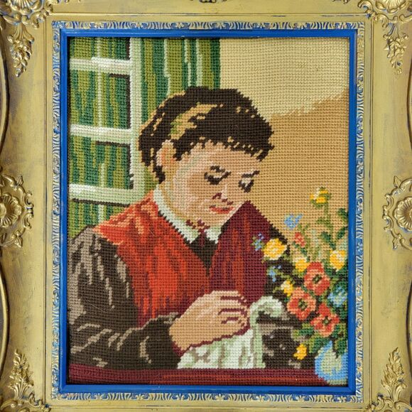 Vtg Framed Needlepoint Old Fashion Girl Embroidering Wall Decor Art Romantic - Picture 4 of 15